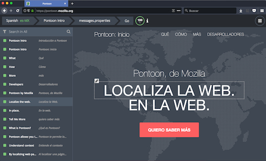 Mozilla's Pontoon translation management system user interface